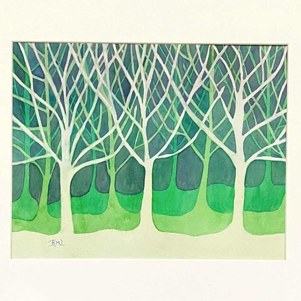PAINTING WATERCOLOR ART TREES SUMMER LANDSCAPE 11X14 GREEN PURPLE BLUE 16X20 MAT